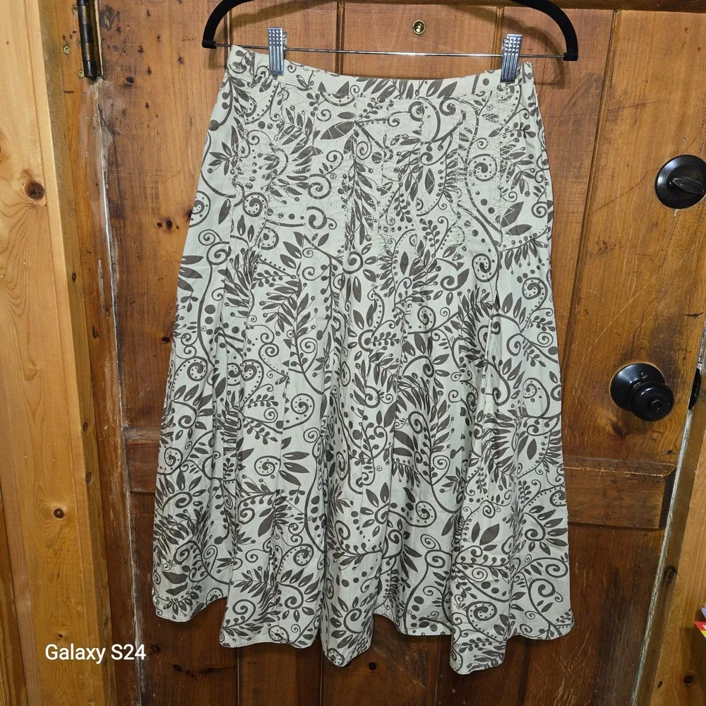 J. Jill Floral Scroll A-Line Midi Skirt Brown Cream Embroidered Size 2 Womens‎